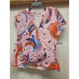 Maude Vivante Blouse Womens Large Pink Abstract Print Cotton V Neck Short Sleeve